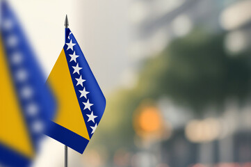 Small flags of Bosnia and Herzegovina on a blurred background