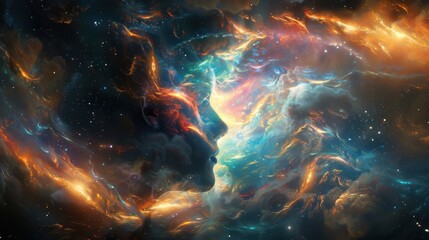 Fototapeta premium Abstract cosmic artwork depicting a human face formed by vibrant, colorful nebula clouds in the vast expanse of space.
