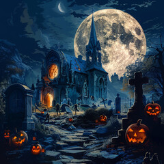 Spooky Halloween scene in a graveyard with pumpkins and zombies under the moonlight. The moon is big and round, and the church in the background has been reassembled with different parts.