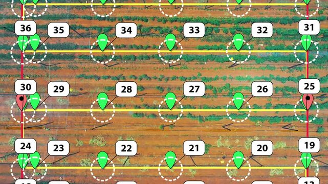 aerial mapping photogrammetry survey with a drone, agricultural crop, map points overlay over terrain