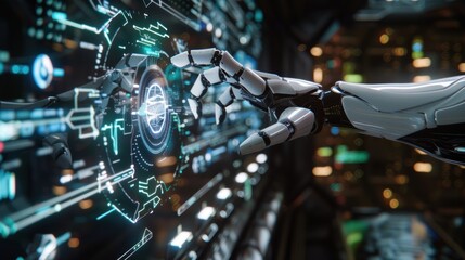 Fototapeta premium Robot hand touches virtual screen showing futuristic artificial intelligence communication icons
