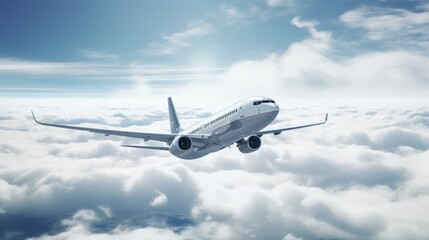 Obraz premium Commercial airplane flying above clouds in the blue sky.