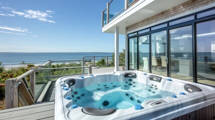 Obraz premium Suburban Cape Cod home with an elevated, ocean-view hot tub on the deck, surrounded by glass panels to protect from the wind while preserving the view