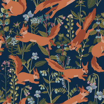 seamless pattern with field flowers and squirrels, vector drawing plants and animals at white background, wild forest, hand drawn botanical illustration