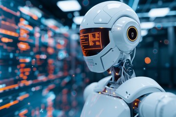 Fototapeta premium Futuristic humanoid robot with advanced AI technology in a high-tech environment featuring illuminated data panels.