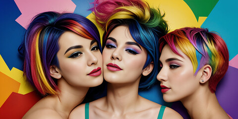 Obraz premium LGBT people with colorful hair, pop art style, oil painting effects, colorful dreams, rainbow color explosions.