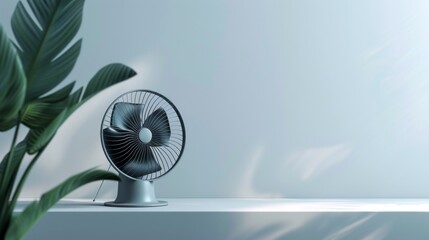 Design a modern, sleek desk fan with a minimalist design and metallic finish, placed on a clean white surface.