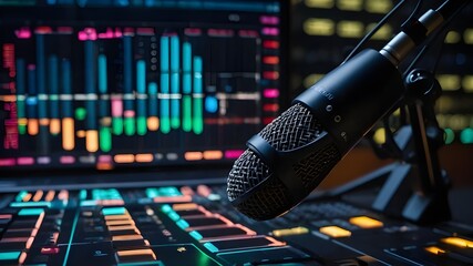 sophisticated broadcasting microphone in an audio creation environment featuring digital sound editing capabilities and abstract voice over waveforms. Podcasting idea.