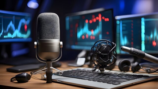 sophisticated broadcasting microphone in an audio creation environment featuring digital sound editing capabilities and abstract voice over waveforms. Podcasting idea.