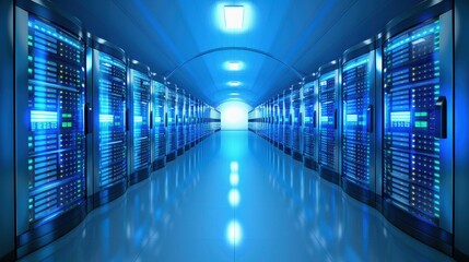 Futuristic data center with bright blue lighting, showcasing modern server racks and advanced technology for high-performance computing.