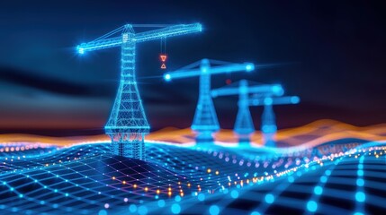 Futuristic digital representation of construction cranes against a dynamic virtual landscape at night, symbolizing innovative technology.