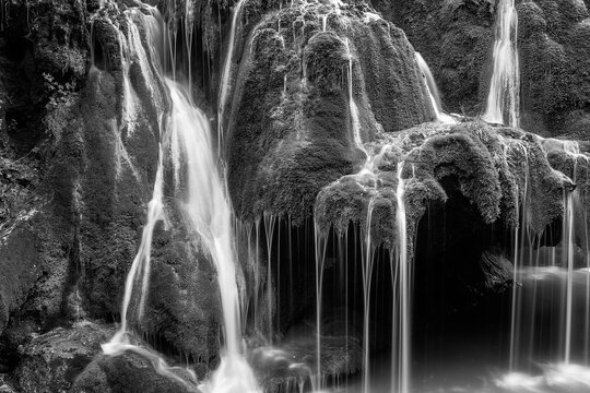 black and white view of bigar waterfall