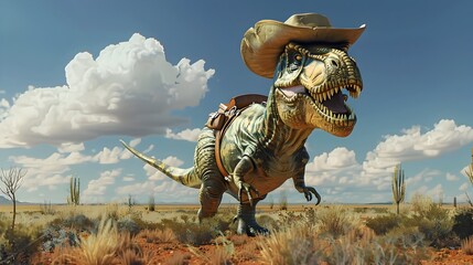 Obraz premium Surreal Cowboy Tyrannosaurs Rex Dinosaur in Rugged Desert Landscape