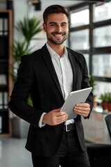 Fototapeta premium happy smiling young man holding tablet wearing suits