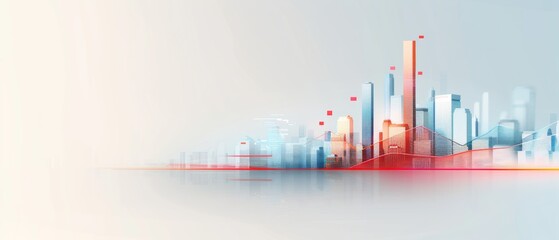 Fototapeta premium Abstract cityscape with skyscrapers, blue and red graphs illustrating urban growth and development. Modern architecture and innovation.