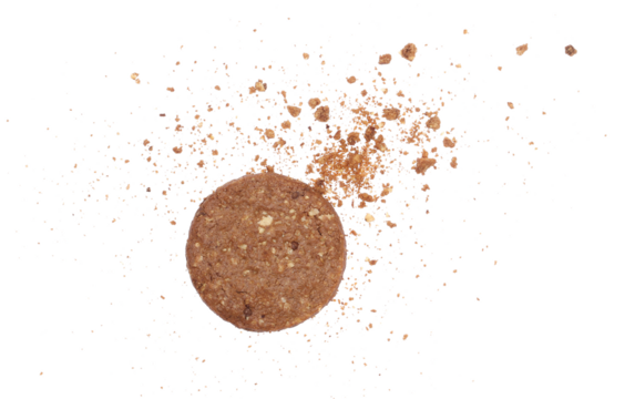 Pile cake crumbs, chocolate cookie flying isolated on white, clipping path