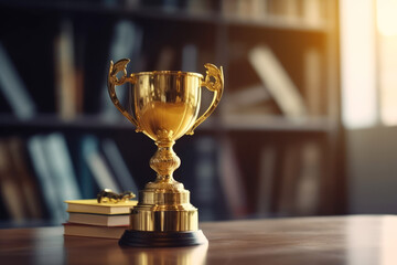 generated illustration of golden trophy cup winner on bokeh background.