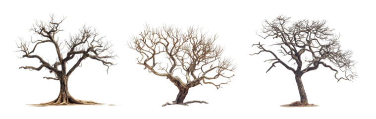 set of dried arid trees isolated on transparent or white background