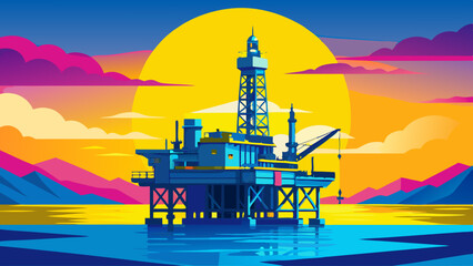 Offshore oil rig drilling platform at sunset. Oil and gas platforms north sea