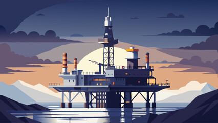 Offshore oil rig drilling platform at sunset. Oil and gas platforms north sea