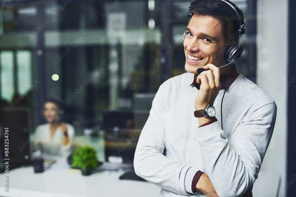 Poster Call center, man and portrait with microphone for customer support with communication and FAQ service. Telemarketing, agent and telecom advisory with headphones, contact us and mockup space at night