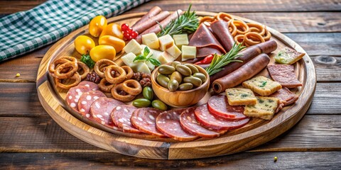 Appetizer Platter with Salami, Cheese, Olives, and Crackers on Wooden Board, appetizer, charcuterie board, snack