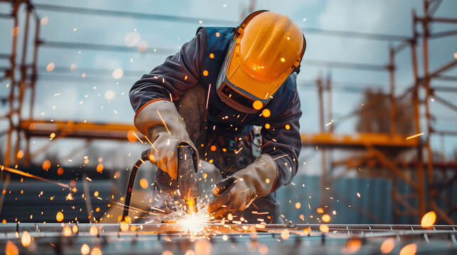 Construction worker using a welding torch, sparks flying