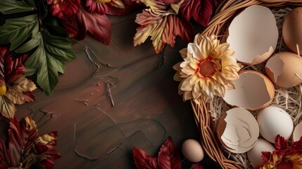A fantasy-themed basket on the right side with cracked eggshells, vibrant leaves, and flowers, evoking discovery, high-resolution photo, cinematography