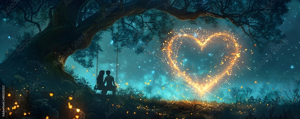 Wall mural Magical Forest Embrace with Glowing Heart Shaped Fireflies under the Moonlight