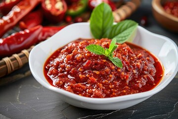 bowl of spicy sambhal belacan sauce with spices on grey background