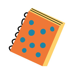 Orange polka-dotted notebook with blue spots and spiral binding on white background