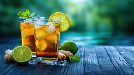 Refreshing iced tea with lemon and mint on a wooden table, perfect for a summer day. Close-up with green blurred background.