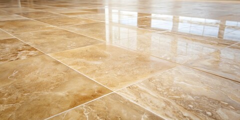 Closeup of Beige Travertine Tiles with Window Reflections,  tile, floor, interior , travertine