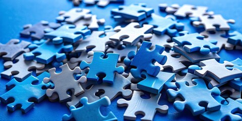 Closeup of Blue and Grey Puzzle Pieces on Blue Background, Puzzle, Jigsaw, Teamwork, Collaboration