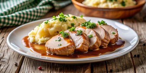 Close-up of Roasted Chicken Breast with Mashed Potatoes and Gravy on a White Plate,  chicken , gravy , mashed potatoes , meal