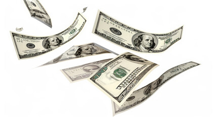 one hundred dollar bills flying around, cut out