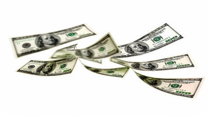 one hundred dollar bills flying around, cut out