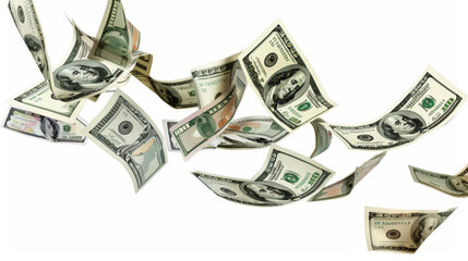 one hundred dollar bills flying around, cut out