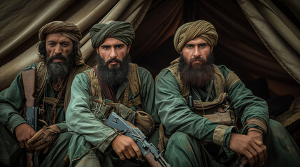 Fototapeta premium Middle Eastern descent, seated closely together against a backdrop of a rustic tent or cloth. They are draped in greenish-brown cloaks with hoods, and their faces are mostly concealed