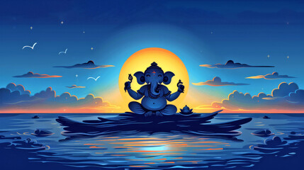 Illustration of the hindu god ganesha meditating on a raft at sunset
