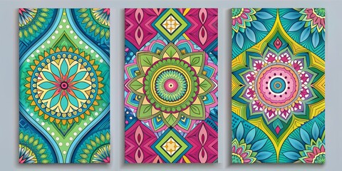 Colorful Mandala Patterns, 3 Panels, Geometric Designs,  Floral Motifs,  Bohemian Style, Mandala Art,  Ornamental Design