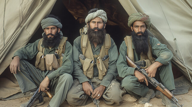 Middle Eastern descent, seated closely together against a backdrop of a rustic tent or cloth. They are draped in greenish-brown cloaks with hoods, and their faces are mostly concealed