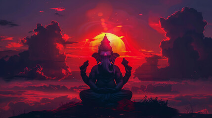 Illustration of lord ganesha meditating with a beautiful sunset background