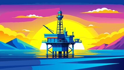 Offshore oil rig drilling platform at sunset. Oil and gas platforms north sea