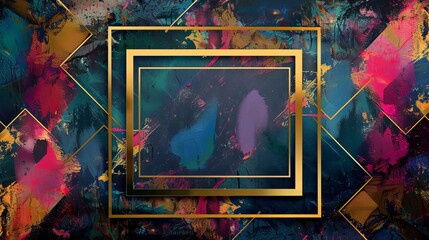 empty gold frame on Colorful Abstract Pattern of Squares and Triangles Patterns