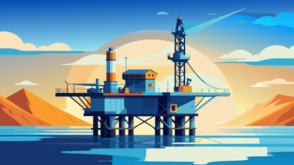 Offshore oil rig drilling platform at sunset. Oil and gas platforms north sea