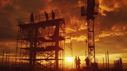 Construction workers on scaffolding at sunset with crane in background against an orange sky
