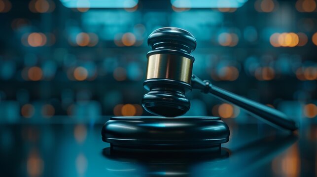 Close-up of a judge's gavel and soundblock against a blurred courtroom background, symbolizing law and justice.
