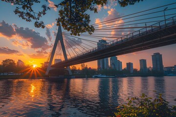 Obraz premium Sunset over a modern cable-stayed bridge with city skyline and shimmering river.