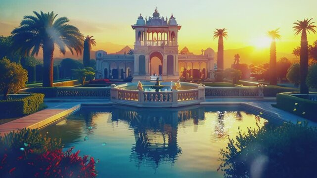 fish pond in palace at sunset, 4K seamless looping virtual video animation background